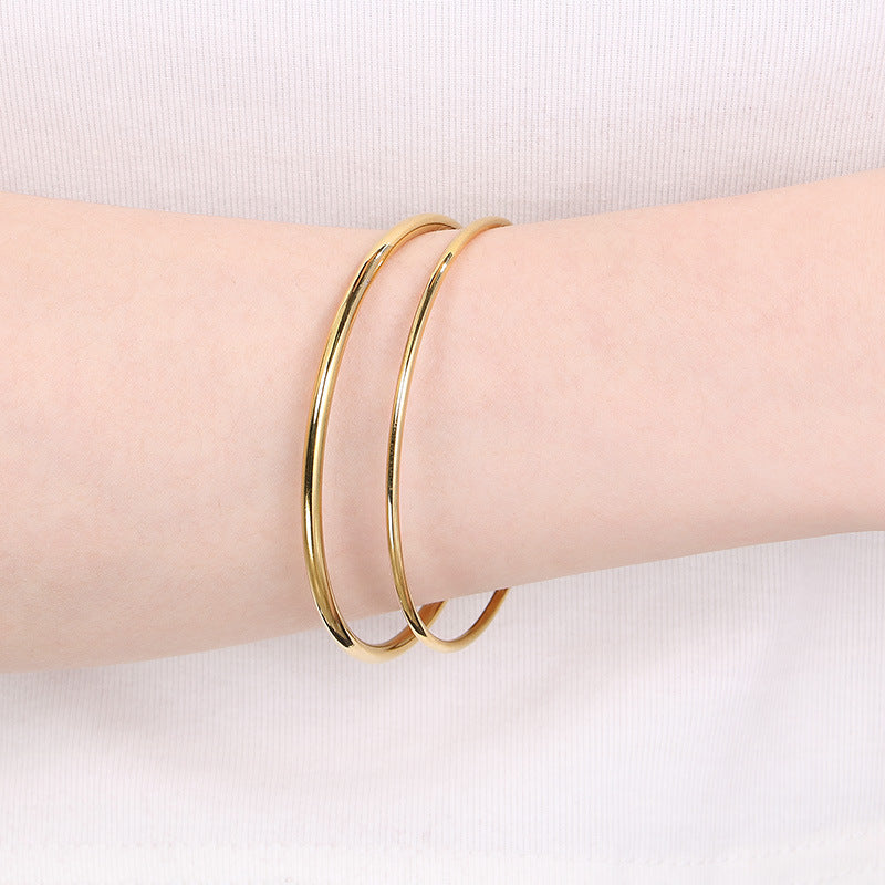 Perhiasan Minimalis untuk Wanita, Emas, Baja Tahan Karat, 2mm, 3mm, 4mm, Tabung Tipis, Lingkaran Bulat Besar, Set Gelang yang Dapat Ditumpuk perhiasandirect