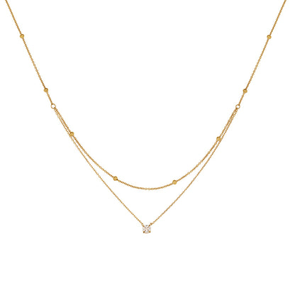 Kalung Double Layer Wanita – Single Zircon Elegan, Liontin Manik Emas, Stainless Steel Titanium Anti Luntur