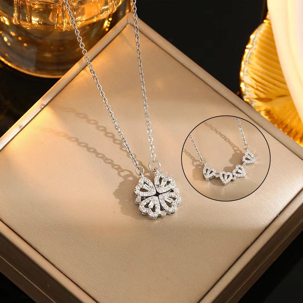 Kalung Wanita Desain Baru – Liontin Hati & Bunga  Four-leaf Clover Penuh Zircon, 2-in-1, Bahan Titanium Steel perhiasandirect