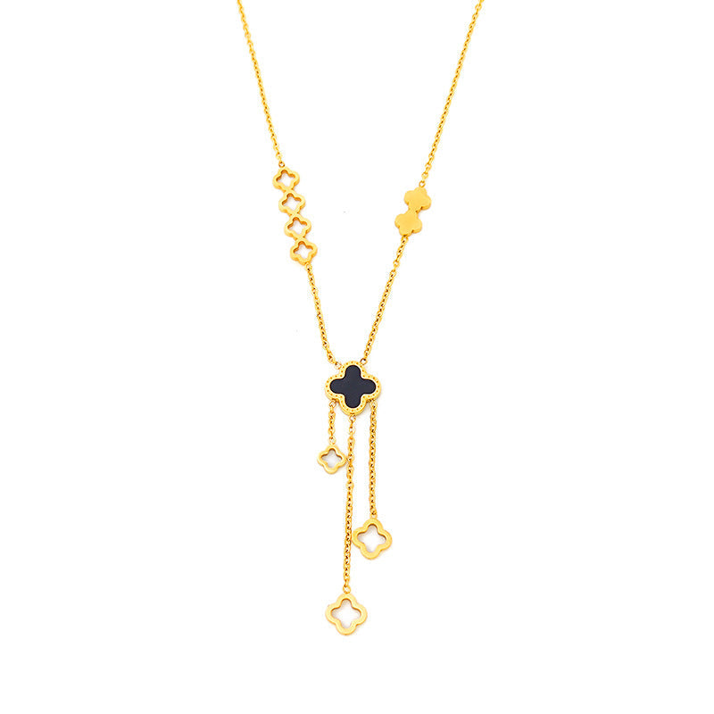 Kalung Wanita Titanium Baja Four-Leaf Clover – Liontin Berongga dengan Rumbai Elegan, Gaya Kekinian perhiasandirect