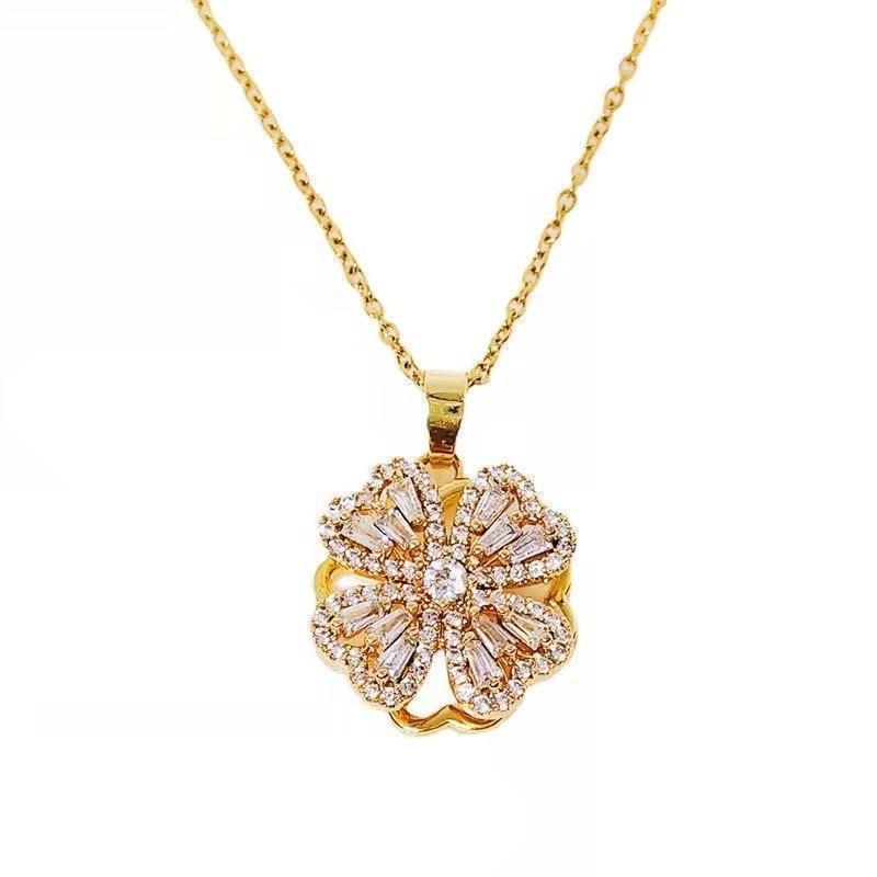 Kalung Wanita Four-leaf Clover Berputar – Liontin Tembaga Elegan dengan Batu Zircon, Bahan Titanium Steel perhiasandirect