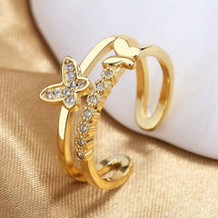 Cincin Kupu-Kupu Wanita – Full Berlian, Lapis Ganda, Model Terbuka Elegan