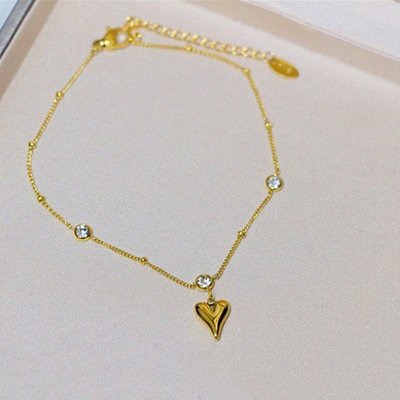 Gelang Kaki Wanita Liontin Hati Berlian - Stainless Steel Lapis Emas, Tidak Kusam, Elegan & Awet! - 我的商店