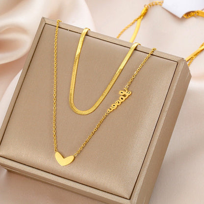 Kalung Stainless Steel Wanita - Double Layer Heart Pendant dengan Rantai Emas | Hadiah Perhiasan Elegan - 我的商店