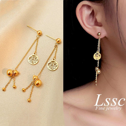 Anting Lucky Gourd FU untuk Wanita - Hikaw Emas Stainless Steel Hypoallergenic | Aksesoris Perhiasan Elegan - 我的商店