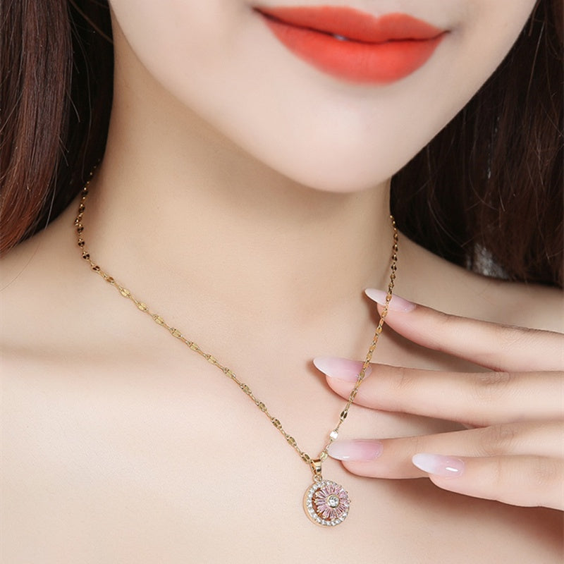 Kalung Emas untuk Wanita dengan Kristal Pink - Kwintas Vintage Pendant Stainless Steel | Aksesoris Perhiasan Elegan - 我的商店