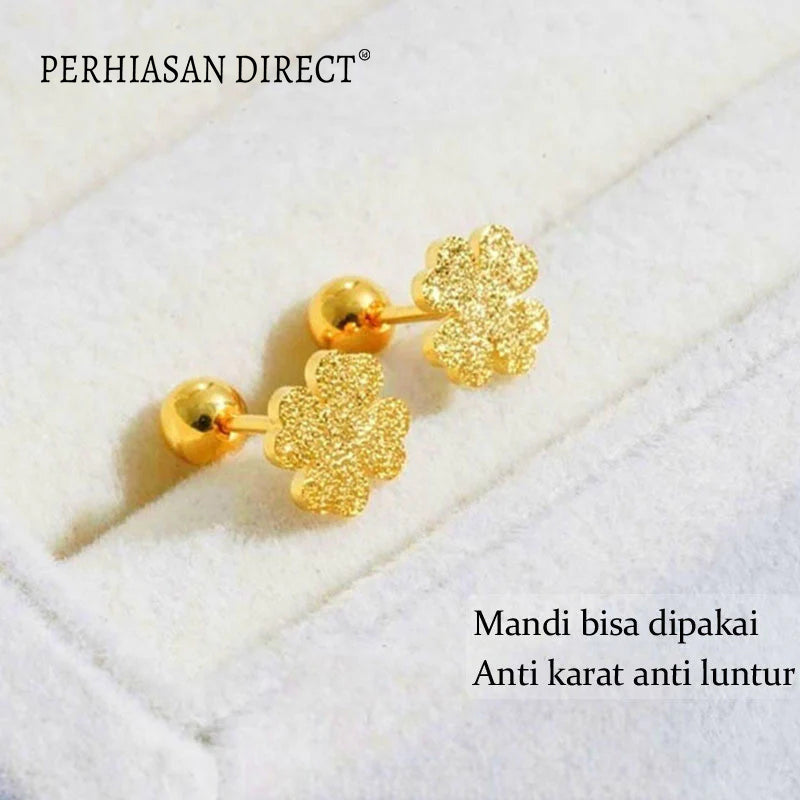 Anting Titanium Anti Karat Pasir Emas 18K Bunga Keberuntungan Cantik Korea Aksesoris Wanita Earrings