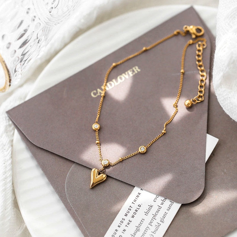 Gelang Kaki Wanita Liontin Hati Berlian - Stainless Steel Lapis Emas, Tidak Kusam, Elegan & Awet! - 我的商店