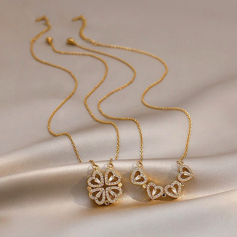 Kalung Korea Clover Hati 18k Wanita - Perhiasan Stainless Steel Berlian, 2 Cara Pakai Elegan, Grosir Harga Terbaik - 我的商店