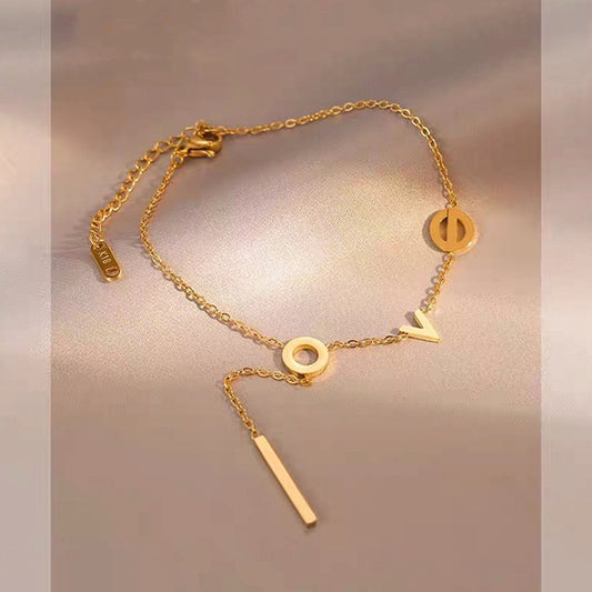 Gelang Kaki "LOVE" Wanita - Rantai Emas Stainless Steel Anti Kusam, Aksesoris Pantai - 我的商店