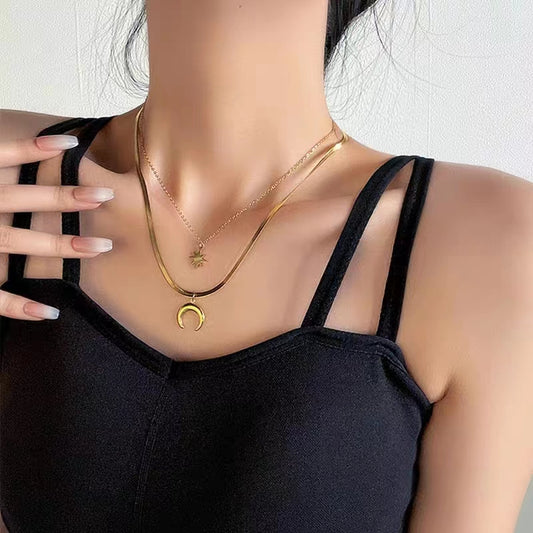 Kalung Bintang Bulan 18k Emas Wanita - Perhiasan Stainless Steel Elegan Anti Kusam, Desain Hexagram Trendy, Grosir Harga Terbaik - 我的商店