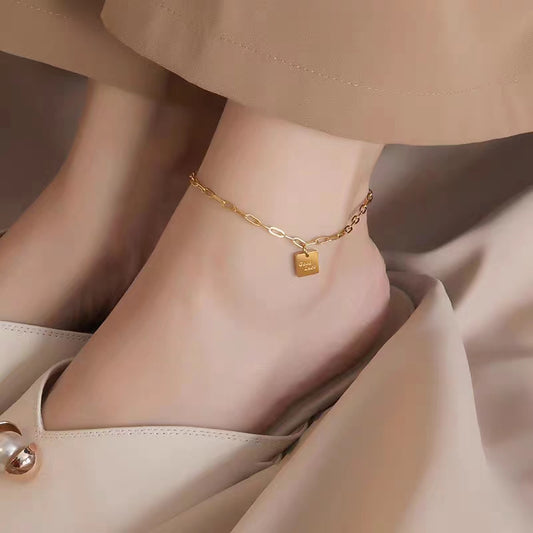 Gelang Kaki Kotak untuk Wanita - Stainless Steel Anti Pudar dengan Rantai Emas | Aksesoris Perhiasan Elegan - 我的商店
