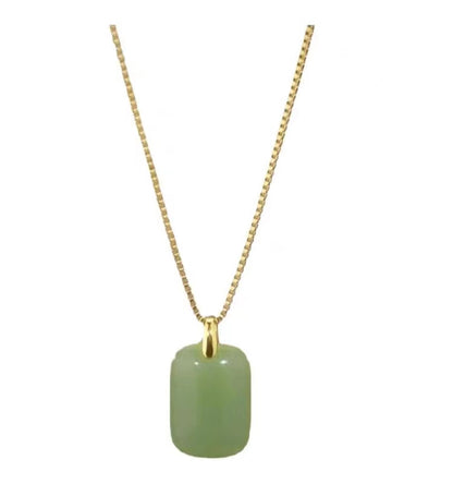 Kalung Giok Hetian Persegi Keberuntungan – Baja Tahan Karat Berlapis Emas 18K, Perhiasan Fashion Wanita - 我的商店