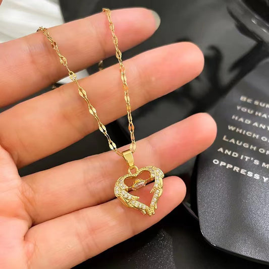 Kalung Detak Jantung Berlian - Emas 18K Stainless Steel Anti Kusam, Aksesoris Wanita Mewah - 我的商店
