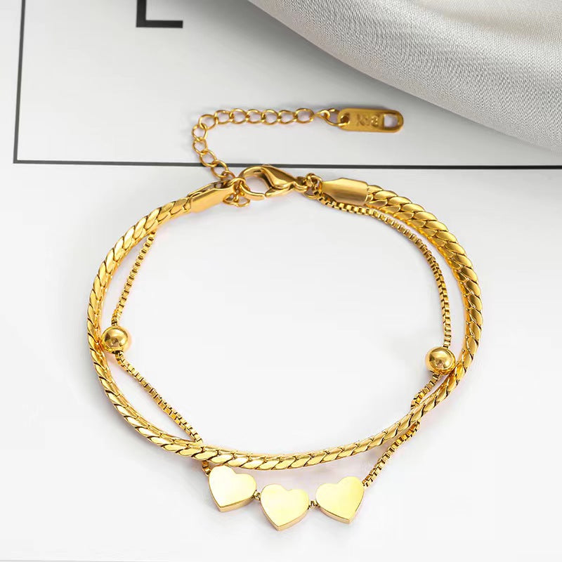 Gelang Love Heart 2 Lapis untuk Wanita - Bangle Stainless Steel 18k Emas Anti Pudar | Aksesoris Perhiasan Elegan - 我的商店