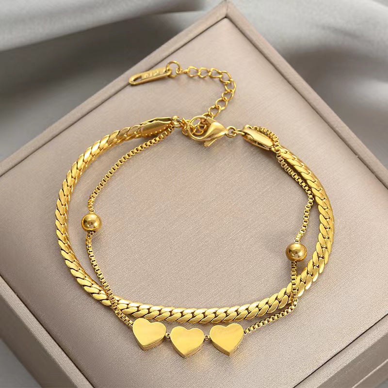 Gelang Love Heart 2 Lapis untuk Wanita - Bangle Stainless Steel 18k Emas Anti Pudar | Aksesoris Perhiasan Elegan - 我的商店