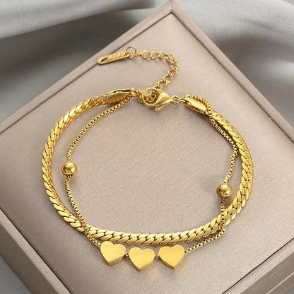Gelang Love Heart 2 Lapis untuk Wanita - Bangle Stainless Steel 18k Emas Anti Pudar | Aksesoris Perhiasan Elegan - 我的商店