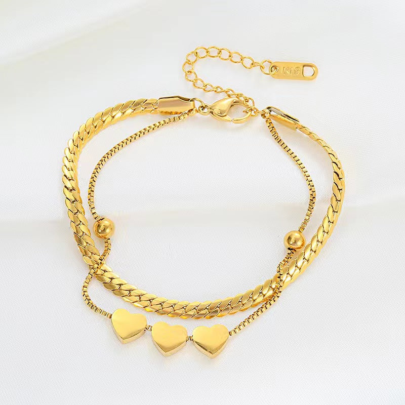 Gelang Love Heart 2 Lapis untuk Wanita - Bangle Stainless Steel 18k Emas Anti Pudar | Aksesoris Perhiasan Elegan - 我的商店