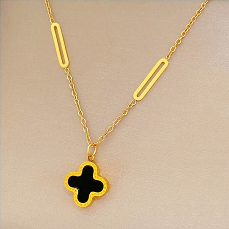 Kalung Daun Semanggi Emas 18K - Stainless Steel Anti Kusam Gaya Korea, Aksesoris Wanita - 我的商店