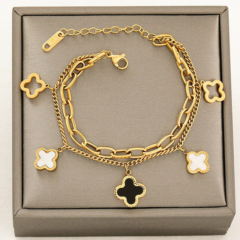 Gelang Clover Stainless Steel untuk Wanita – Anti Pudar, Warna Emas, Desain Elegan 我的商店