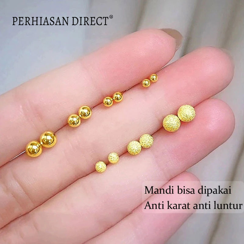 Anting Tusuk Titanium Manik Manik Pasir Emas 18K Cantik Korea Anti Karat dan Anti Luntur Aksesoris Wanita Earrings