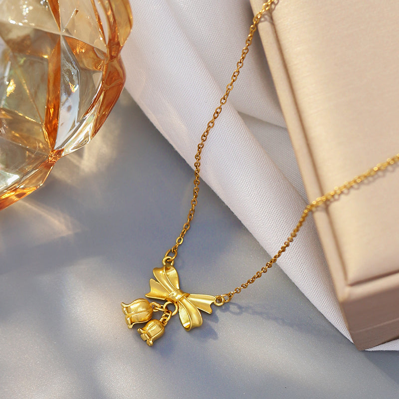 Kalung Bunga Pita Emas 18K - Stainless Steel Anti Kusam, Aksesoris Fashion Wanita - 我的商店