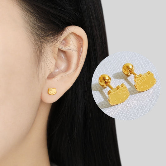 Anting Kucing Lucu Lapis Emas 18K - Stainless Steel Anti Kusam, Aksesoris Pasangan - 我的商店
