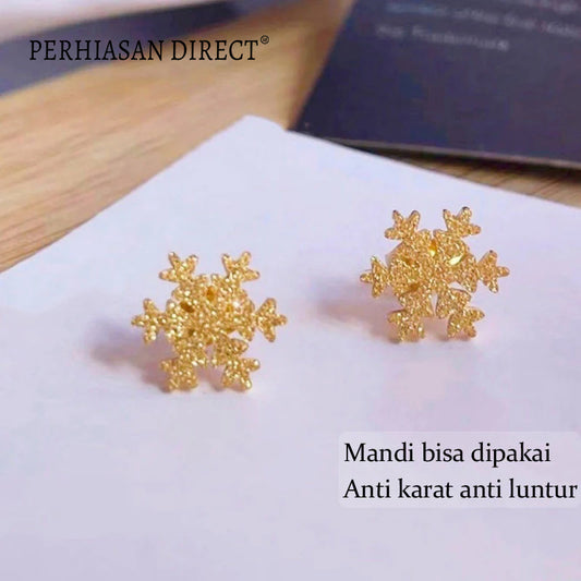 Anting Tusuk Titanium Anti Karat Kepingan Salju Emas 18K Cantik Korea Aksesoris Wanita Earrings