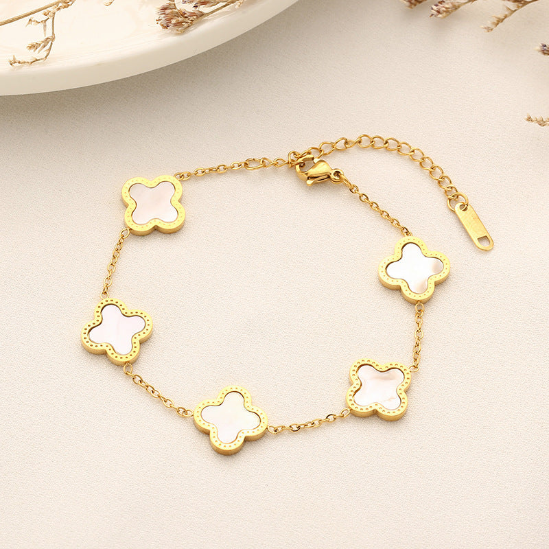 Gelang Daun Semanggi Wanita - Rantai Emas Stainless Anti Kusam, Aksesoris Perhiasan Elegan - 我的商店