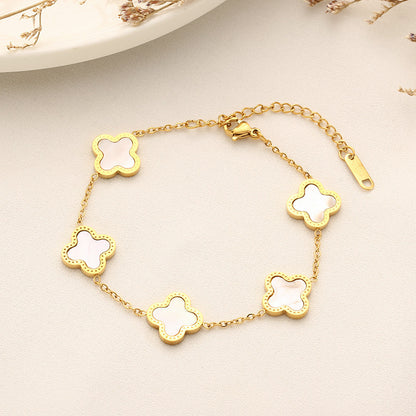 Gelang Daun Semanggi Wanita - Rantai Emas Stainless Anti Kusam, Aksesoris Perhiasan Elegan - 我的商店