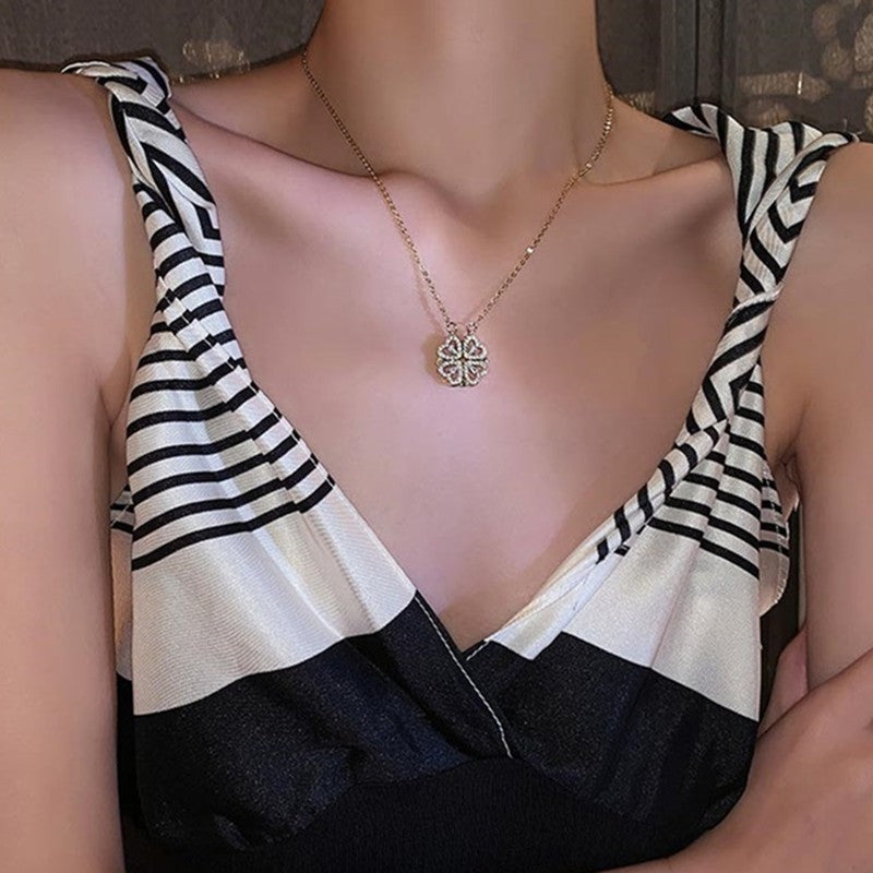 Kalung Korea Clover Hati 18k Wanita - Perhiasan Stainless Steel Berlian, 2 Cara Pakai Elegan, Grosir Harga Terbaik - 我的商店