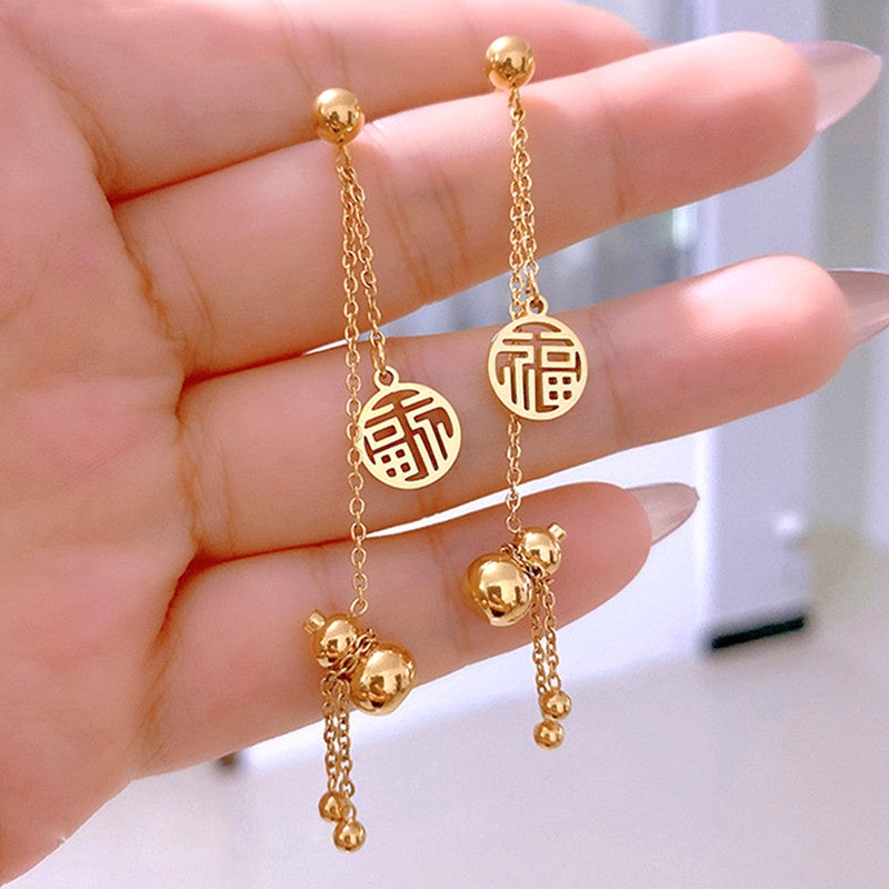 Anting Lucky Gourd FU untuk Wanita - Hikaw Emas Stainless Steel Hypoallergenic | Aksesoris Perhiasan Elegan - 我的商店
