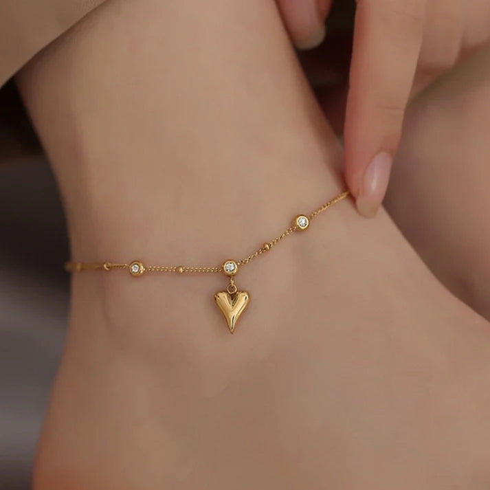 Gelang Kaki Wanita Liontin Hati Berlian - Stainless Steel Lapis Emas, Tidak Kusam, Elegan & Awet! - 我的商店