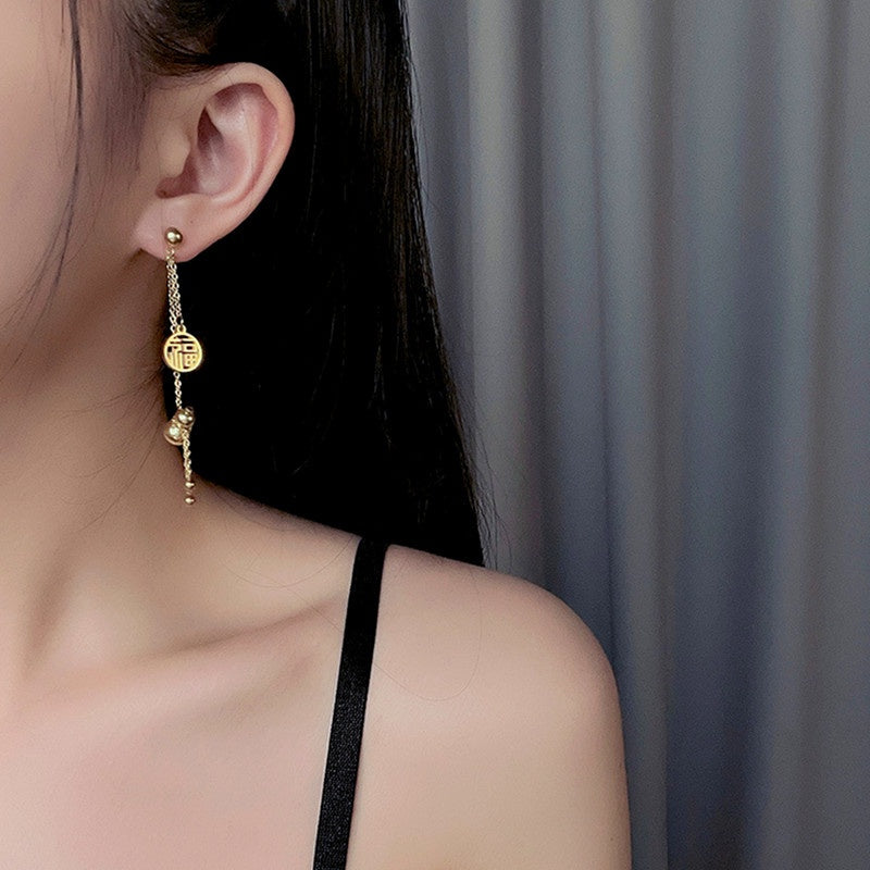Anting Lucky Gourd FU untuk Wanita - Hikaw Emas Stainless Steel Hypoallergenic | Aksesoris Perhiasan Elegan - 我的商店