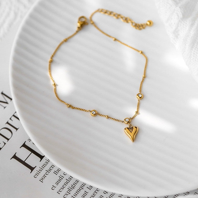 Gelang Kaki Wanita Liontin Hati Berlian - Stainless Steel Lapis Emas, Tidak Kusam, Elegan & Awet! - 我的商店