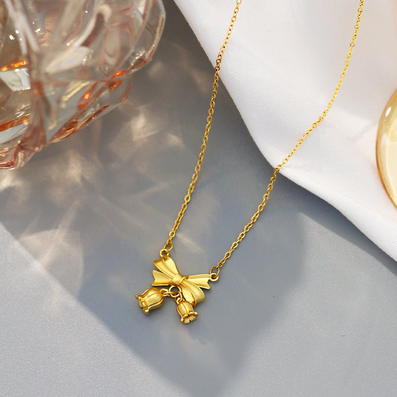 Kalung Bunga Pita Emas 18K - Stainless Steel Anti Kusam, Aksesoris Fashion Wanita - 我的商店