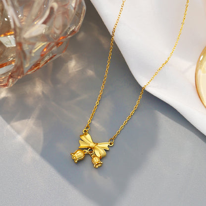 Kalung Bunga Pita Emas 18K - Stainless Steel Anti Kusam, Aksesoris Fashion Wanita - 我的商店