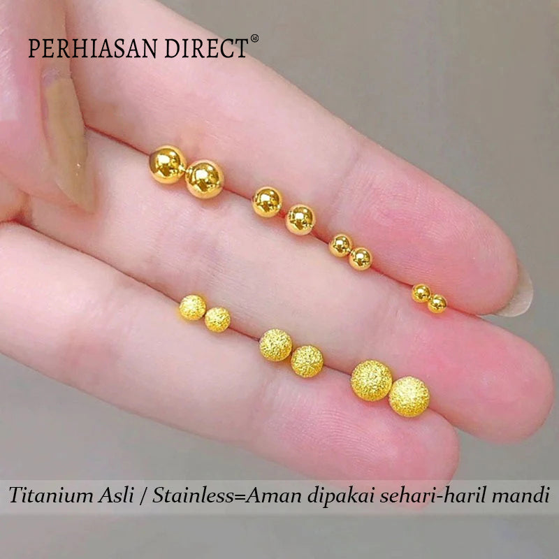 Anting Tusuk Titanium Manik Manik Pasir Emas 18K Cantik Korea Anti Karat dan Anti Luntur Aksesoris Wanita Earrings