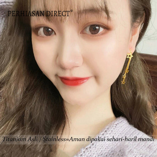 Anting Titanium Bintang Rumbai Panjang Korean Style Aesthetic Emas 18K Anti Karat Aksesoris Wanita Earrings