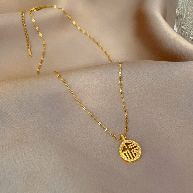 Kalung Berlian "FU" Pembawa Keberuntungan - Stainless Steel Anti Kusam untuk Wanita - 我的商店