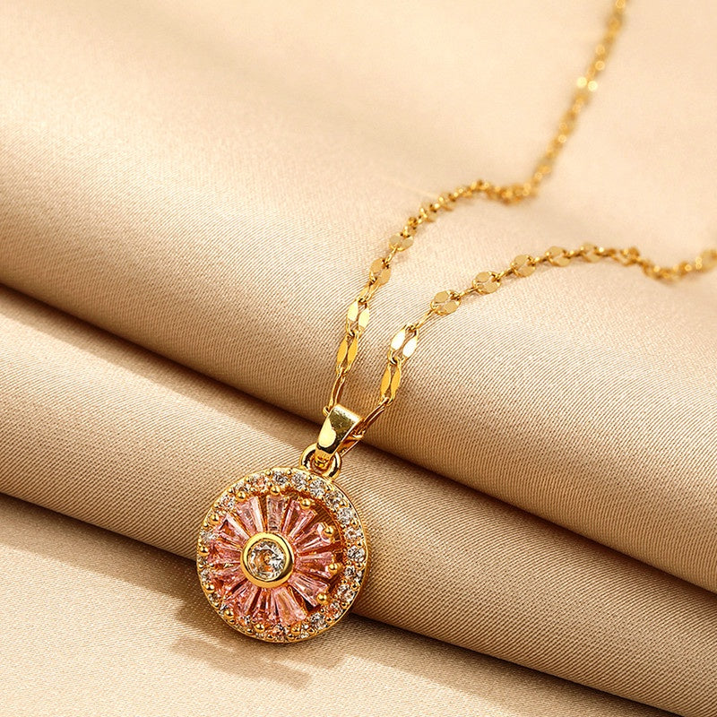 Kalung Emas untuk Wanita dengan Kristal Pink - Kwintas Vintage Pendant Stainless Steel | Aksesoris Perhiasan Elegan - 我的商店