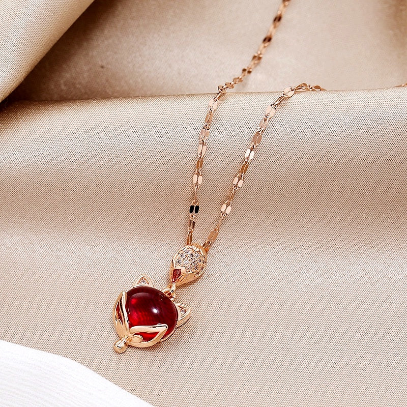Kalung Mewah Liontin Rubi & Kristal - Emas Rose 18K Anti Karat, Rantai Klavikula Pembawa Keberuntungan - 我的商店