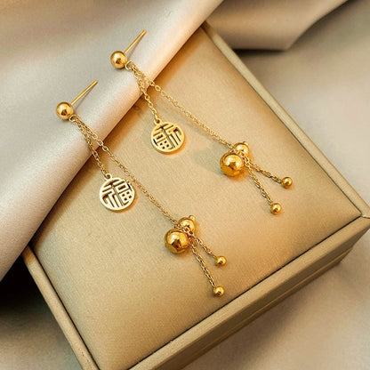 Anting Lucky Gourd FU untuk Wanita - Hikaw Emas Stainless Steel Hypoallergenic | Aksesoris Perhiasan Elegan - 我的商店