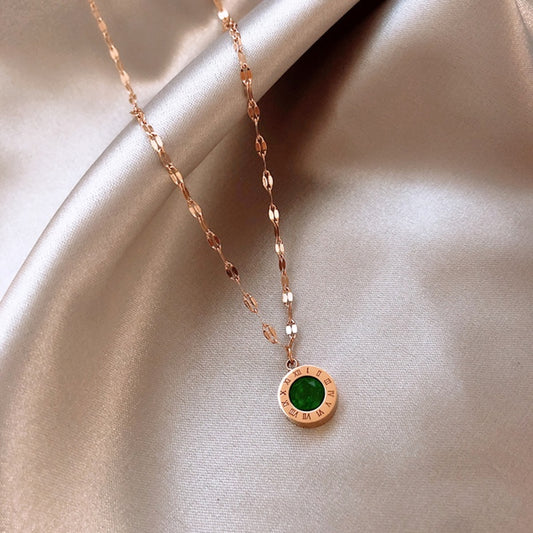 Kalung Wanita Korea - Stainless Steel dengan Liontin Roman & Kristal Hijau | Rantai INS Elegan - 我的商店