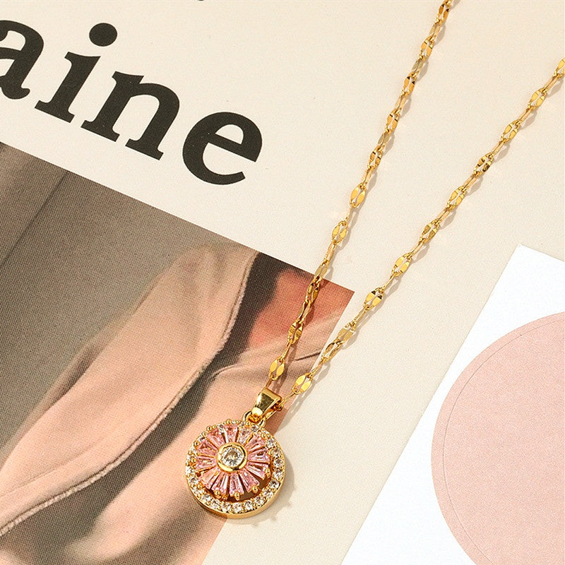 Kalung Emas untuk Wanita dengan Kristal Pink - Kwintas Vintage Pendant Stainless Steel | Aksesoris Perhiasan Elegan - 我的商店