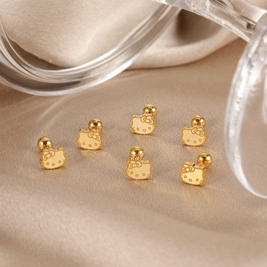 Anting Kucing Lucu Lapis Emas 18K - Stainless Steel Anti Kusam, Aksesoris Pasangan - 我的商店