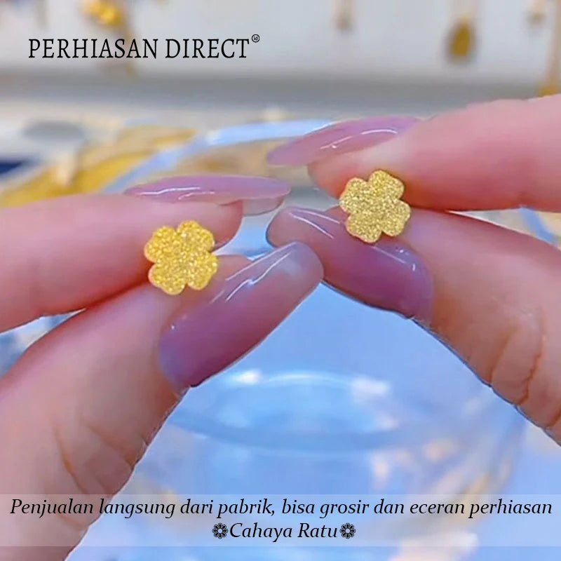 Anting Titanium Anti Karat Pasir Emas 18K Bunga Keberuntungan Cantik Korea Aksesoris Wanita Earrings