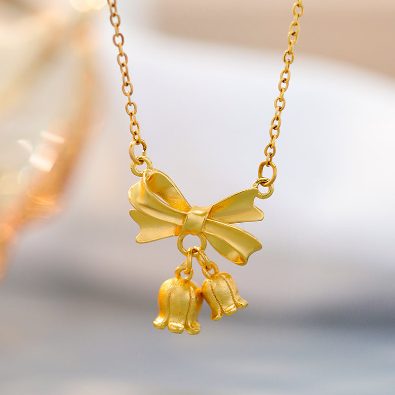 Kalung Bunga Pita Emas 18K - Stainless Steel Anti Kusam, Aksesoris Fashion Wanita - 我的商店