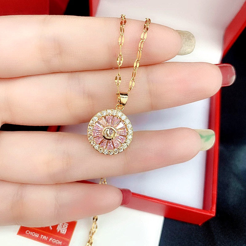 Kalung Emas untuk Wanita dengan Kristal Pink - Kwintas Vintage Pendant Stainless Steel | Aksesoris Perhiasan Elegan - 我的商店