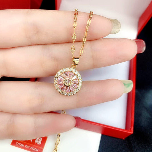 Kalung Emas untuk Wanita dengan Kristal Pink - Kwintas Vintage Pendant Stainless Steel | Aksesoris Perhiasan Elegan - 我的商店